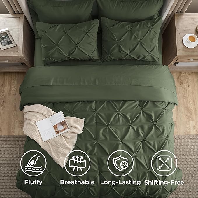 Bedsure Twin Comforter Set Olive Green - Bed in a Bag Twin Size Bedding 5 Pieces, GentleSoft™ Pintuck Bed Set Gift for Family, Pinch Pleat Olive Green Comforter with Sheets, Pillowcase & Sham