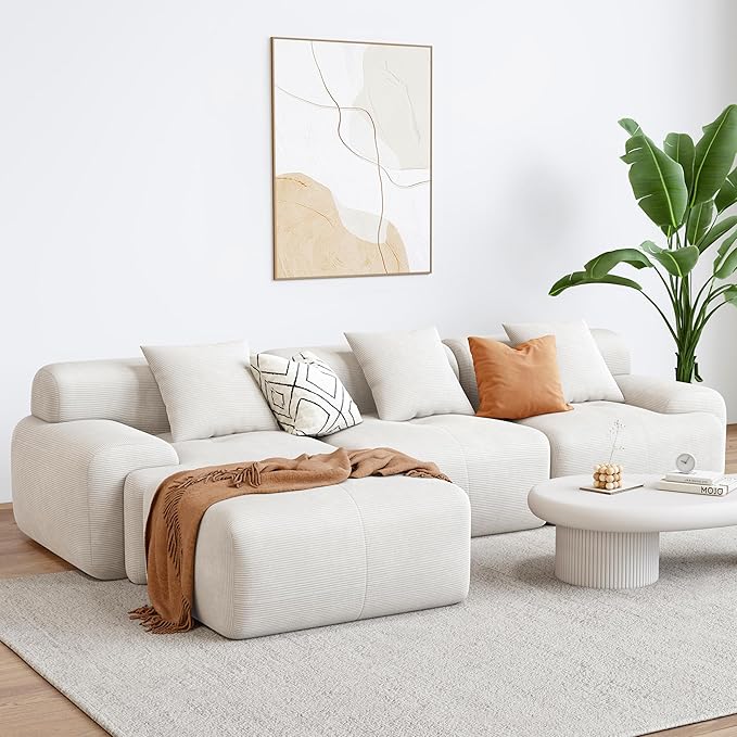 LIKIMIO 118" Modern L-Shaped Modular Sectional Sofa for Living Room, Oversized 3-Seater Cloud Boneless Couch with Deep Seat and Movable Ottoman, Corduroy Upholstery, No Assembly