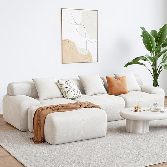 LIKIMIO 118" Modern L-Shaped Modular Sectional Sofa for Living Room, Oversized 3-Seater Cloud Boneless Couch with Deep Seat and Movable Ottoman, Corduroy Upholstery, No Assembly