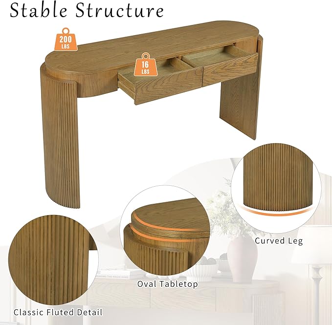 55.1" Entryway Narrow Console Table with Drawers, Oval Top & Fluted Legs, Natural Wood Grain Sofa Table for Hallway, Foyer, Behind Couch, Accent Table for Living Room, Solid Wood + MDF (Natural)