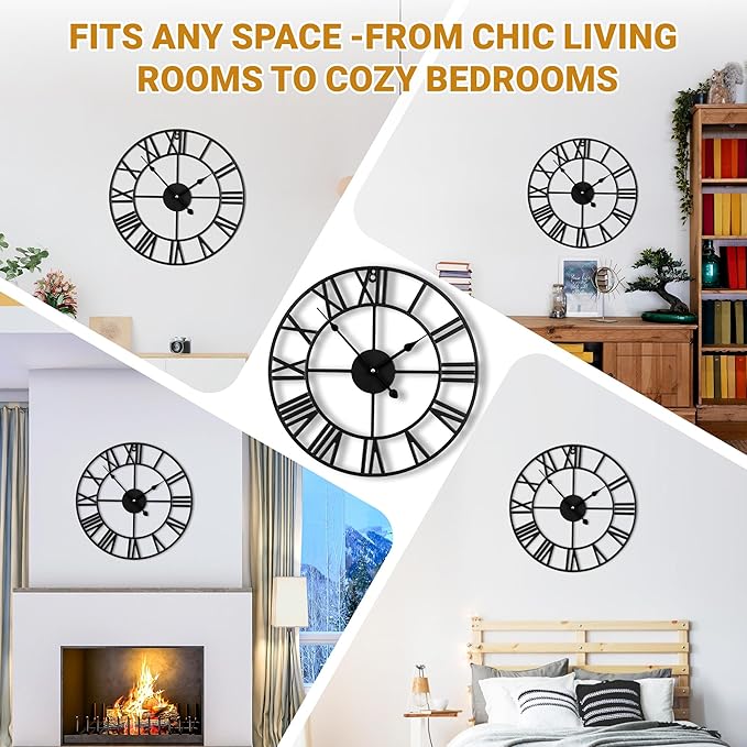 16inch/40cm Wall Clocks Battery Operated,Wall Clocks for Living Room Decor, Bedroom,Office,Bathroom,Silent,Large Wall Clock for Home and Kitchen,Farmhouse (Iron Roman Numerals, 16 inches)