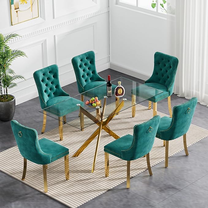 Goujxcy Glass Dining Table Set for 6, Modern Kitchen Table and Chairs Set of 6, 7-Piece Kitchen Dining Room Table Set w/61 Glass Gold Dining Table and 6 Green Velvet Upholstered Chairs
