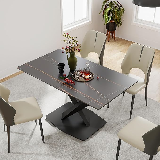 55" Modern Dining Table for 4-6 People, Black Sintered Stone Table Top with X-Shape Carbon Steel Pedestal, Large Rectangular Table for Kitchen Living Room