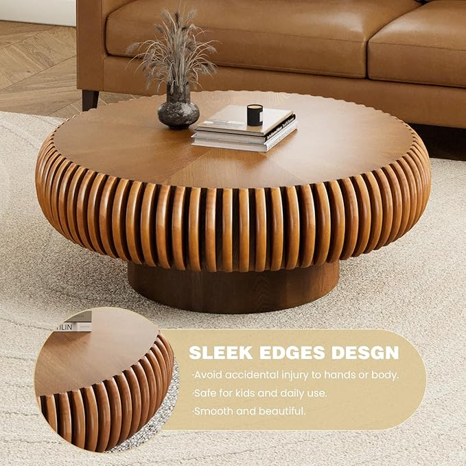 Fluted Round Coffee Table for Living Room 39.37" Modern Drum Coffee Table Mid Century Handcrafted Circle Wood Center Tables with Pedestal for Small Space Apartment (Brown)
