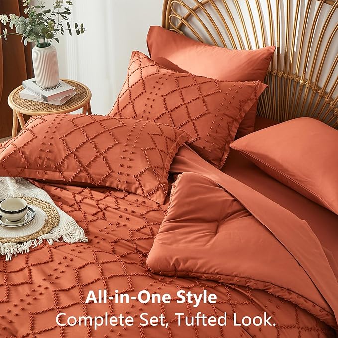 Terracotta Tufted Comforter Set King Size 7 Piece Bed in a Bag,Shabby Chic Boho Comforter and Sheet Set,All Season Soft Microfiber Complete Bedding Set(Terracotta,102"x90")