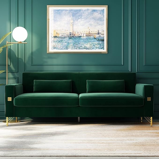 85.63" Velvet Sofa,Modern Loveseat Couch with Pillows Set of 2 for Living Room,Bedroom,Apartment Furniture with Gold Metal Legs (Green)