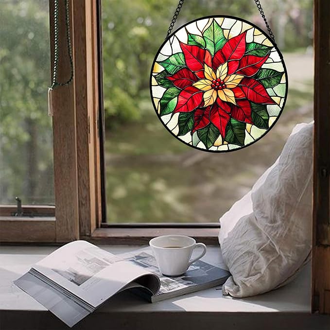 Stained Glass Window Hanging - Red Poinsettia Birth Flower Sun Catcher for Door Garden Home Decor Suncatcher Christmas Mother's Day Birthday Gifts for Women Men Mom Girl Nana Friend 15 in