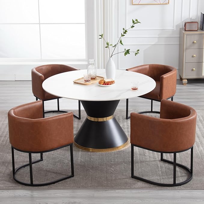 Faux Leather Dining Chairs Set of 8 Modern Barrel Arm Chairs with Black Metal Frame, Upholstered Kitchen Chairs 18.5" Wide Accent Chairs for Living Room Dining Room Restaurant, Brown