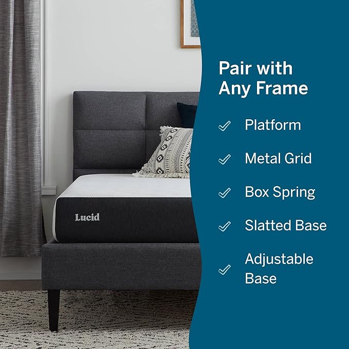 Lucid 8 Inch Memory Foam Mattress - Medium Plush Feel - Infused with Refreshing Bamboo Charcoal and Cooling Gel - Bed in a Box - Temperature Regulating - Pressure Relief - Breathable - Queen Size