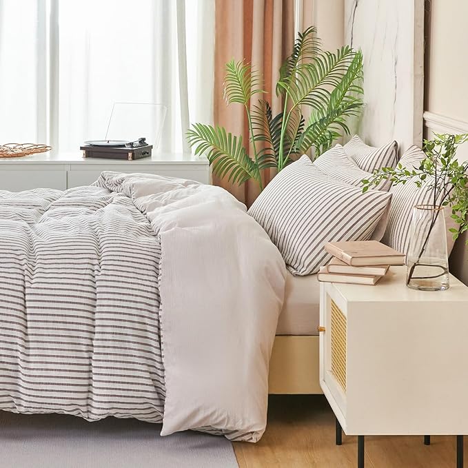 Grey Striped Comforter King Set 100% Soft Washed Microfiber Jacquard 3 Pieces Striped Bedding Sets Grey White Comforter for All Seasons and 2 Pillowcases Comfort Breathable