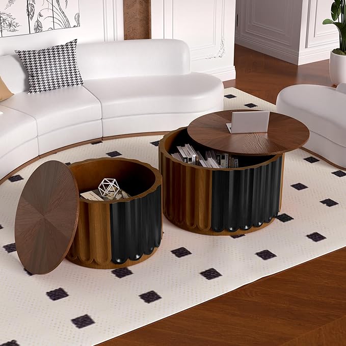 Round Nesting Coffee Table Set of 2, Round Fluted Coffee Tables with Storage for Living Room Modern Nesting End Side Tables for Small Spaces (A Storage Light Brown)