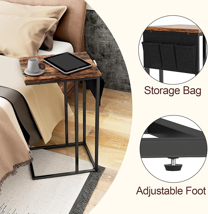 Livofloral C Shaped End Table for Couch, Small Side Table for Sofa With Storage Bag, TV Tray for Living Room, Bedside Table for Bedroom, Snack End Table, Brown