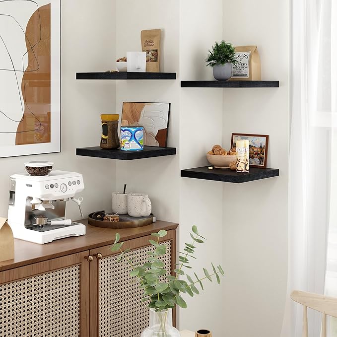 Fun Memories Floating Shelves for Wall - 12 Inch Square Shelves with Invisible Brackets, Black Small Wall Shelf for Living Room, Bathroom, Bedroom, and Kitchen Decor，Set of 3