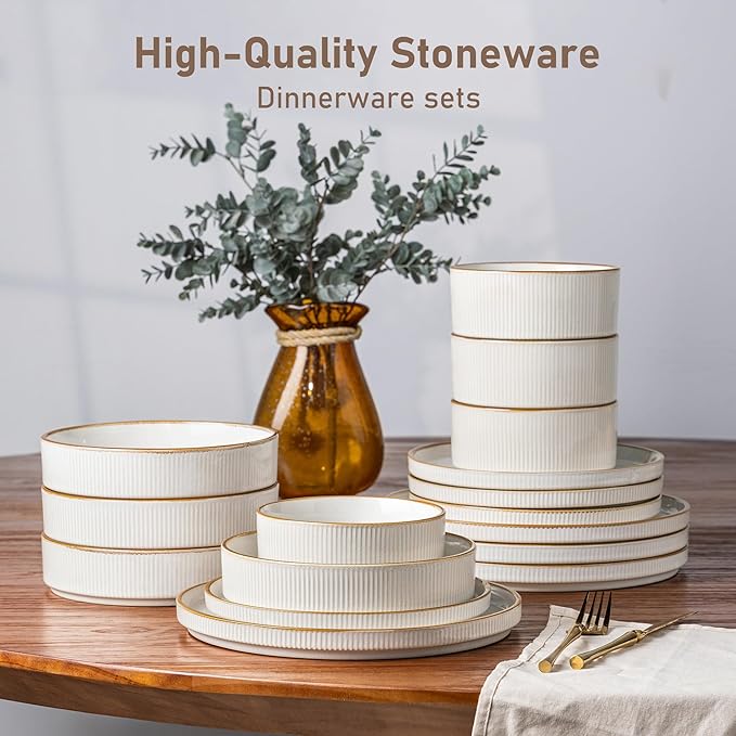 GBHOME Stoneware Dinnerware Sets for 6,Round Reactive Glaze Ceramic Plates and Bowls Set,Highly Scratch Resistant | Dishwasher & Microwave Safe Dishes Set,Service for 6(18Pcs),Pearl White