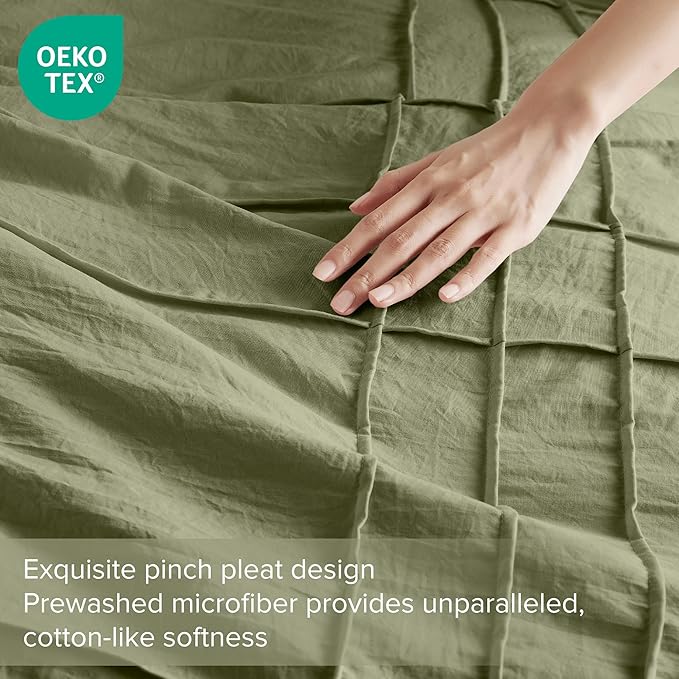 Comfort Spaces Olive Green Queen Size Comforter Set - 3 Piece Pintuck Pleated Bedding Set, All Season Lightweight, Extra Softness Pre-Washed Microfiber Bed Set, Shams