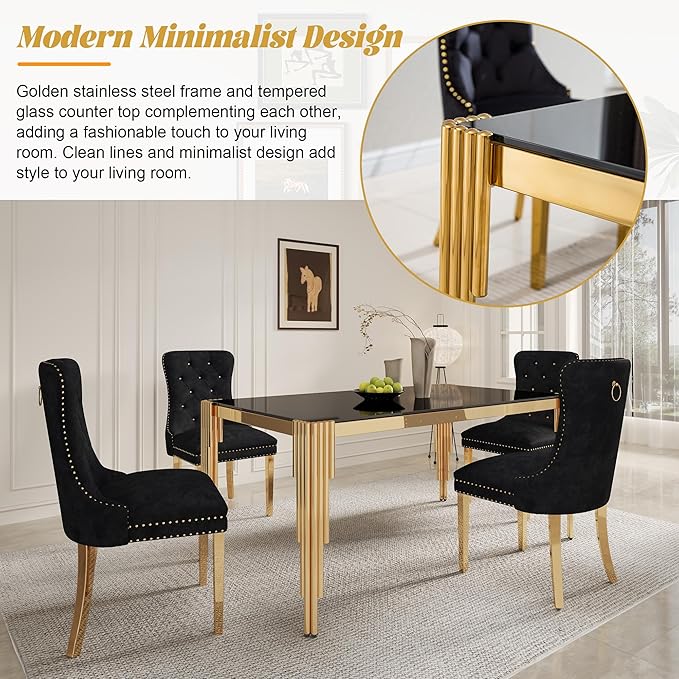 51" Rectangle Glass Dining Table, Modern Kitchen Table with Tempered Glass Top and Tubular Stainless Steel Legs for 4-6, Easy Assembly for Kitchen, Dining Room (Black, Gold)