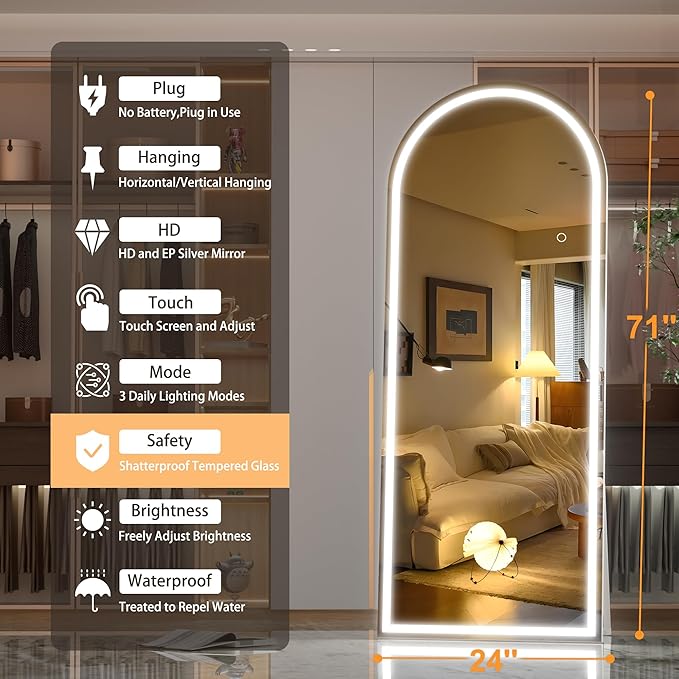Hasipu 71" x 24" Led Mirror Full Length, Arch Full Length Mirror with Lights, Full Body Glass Mirror with Stand and LED,Tempered Glass,Shatter-Proof, Dimming & 3 Color Modes for Bedroom Cloakroom-UL