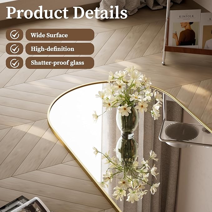 65 x 24 inch Arched Full Length Mirror - Full Body Floor Mirror, ShatterVue Tempered Glass, Standing, Leaning, Wall Mounted for Living Room, Bedroom, Gold