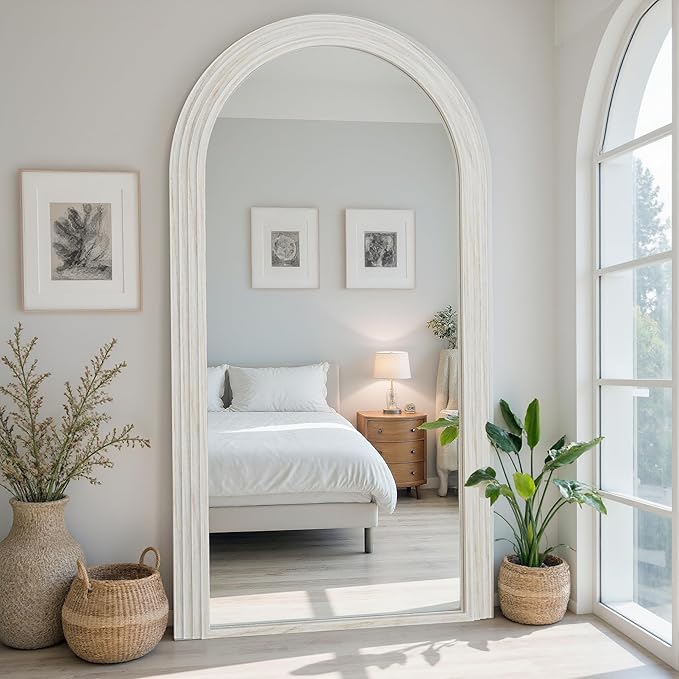Antok Full Length Mirror 76"×41" Floor Mirror Standing Tall Mirror, Arched Stand up Large Wall Mirrors, Freestanding Full Body Mirrors for Bedroom Living Room Wood Vintage Style White