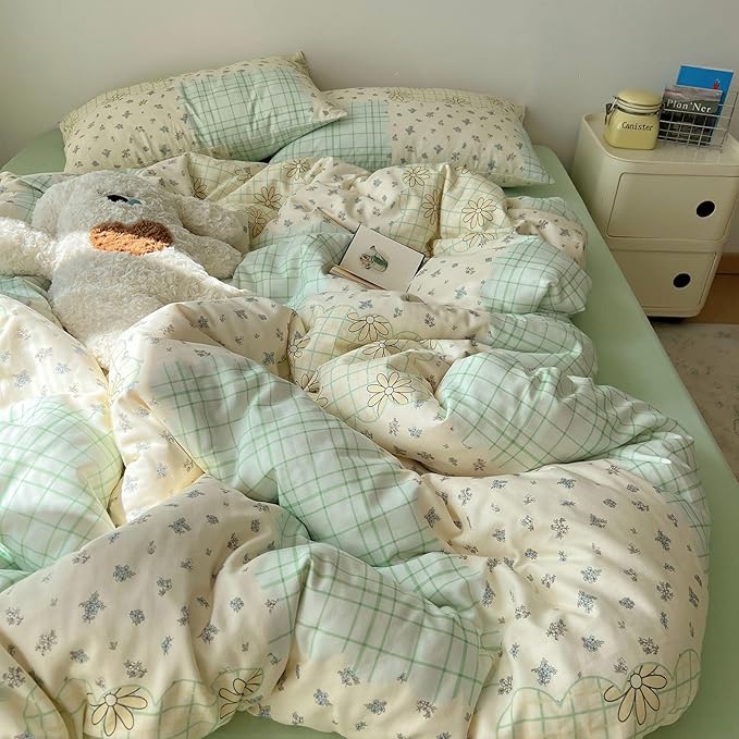 LifeTB Muslin Duvet Cover King Size 100% Cotton Botanical Floral Comforter Cover Aesthetic Flower Chic Plaid Desgin Cottagecore Bedding Set Breathable Soft Gauze Duvet Cover with 2 Pillowcases