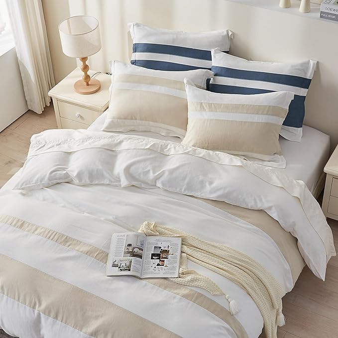 Simple&Opulence French Linen Duvet Cover Set with Stripe 88”x92”, 3 Pieces(1 Comforter Cover and 2 Pillow Shams) Rustic Natural Flax Cotton Blend(Queen,White and Linen)