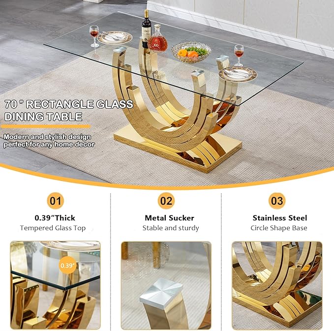 7 Piece Dining Table Set with 6 Green Dining Chairs, Modern Glass Kitchen Table and Chairs Set for 6, 70" Rectangle Gold Glass Pedestal Dining Room Tables with Ring-Shape Stainless Steel Base