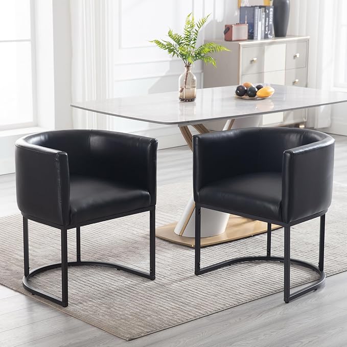 Faux Leather Dining Chairs Set of 4 Modern Barrel Arm Chairs with Black Metal Frame, Upholstered Kitchen Chairs 18.5" Wide Accent Chair for Living Room Dining Room Restaurant, Black