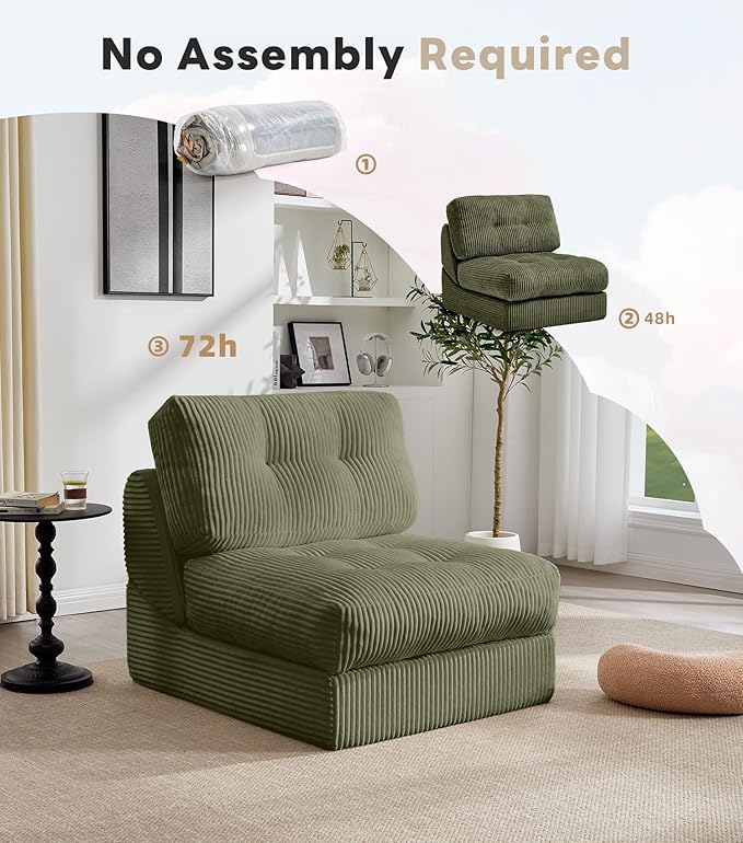 Tbfit Folding Sofa Bed, Convertible Sleeper Chair with Large Pillow, Corduroy Folding Couch Bed, Portable & Foldable Mattress Boneless Floor Sofa for Living Room, Bedroom, Office, Green, Single