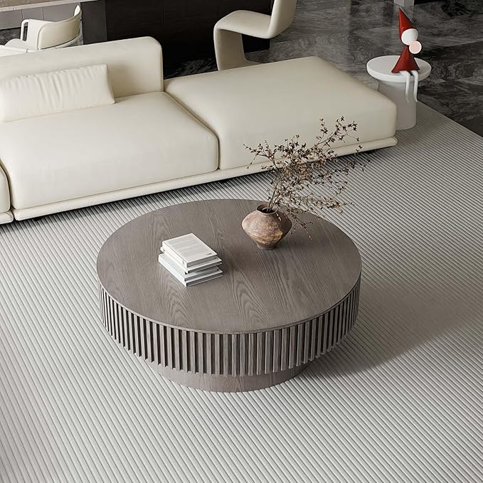 39'' Large Round Coffee Table with Storage, Fluted Coffee Table with Solid Wood Veneered, Mid Century Modern Wooden Center Table, Accent Tea Table for Living Room Apartment, Grey
