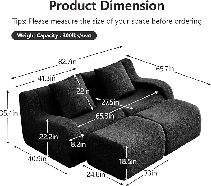 Black Modular Cloud Couch Loveseat with 2 Ottomans, Modern Teddy Fabric Boneless Sectional Sofa in a Box for Living Room, Deep Seat Floor Couch, No Assembly Required, Sofas para Sala