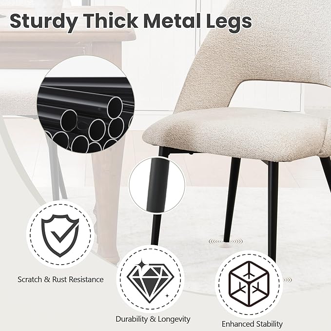 Rowill Dining Chairs Set of 4 Upholstered Dining Room Chairs Mid Century Modern Dining Chairs Kitchen Chairs Accent Chair with Metal Legs for Living Room Bedroom, Boucle Fabric Beige