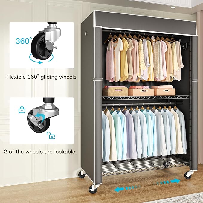 FUTASSI Black Clothing Rack with Dark Gray Cover, P1C Plus Rolling Closet with Wheels, Metal Garment Rack for Hanging Clothes, Clothing Storage Wardrobe, 46" W x 18.5" D x 80.7" H, Load 524 Pounds