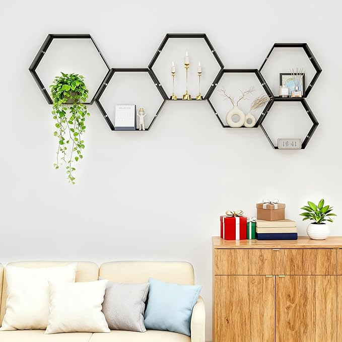 Gonice Black Metal Hexagon Floating Shelves Set of 6 Honeycomb Shelves Home Decor Wall Shelf for Living Room Bedroom Office