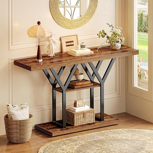 Huuger 47.2 Inch Entryway Table, Industrial Console Sofa Table, 3 Tier Accent Table, for Entry, Hallway, Entrance, Foyer, Y-Shaped Metal Base, Rustic Brown