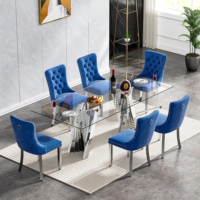 7 Piece Dining Table Set with 6 Blue Dining Chairs, Modern Glass Kitchen Table and Chairs Set for 6, 70" Rectangle Silver Glass Pedestal Dining Room Tables with Flash-Shape Stainless Steel Base