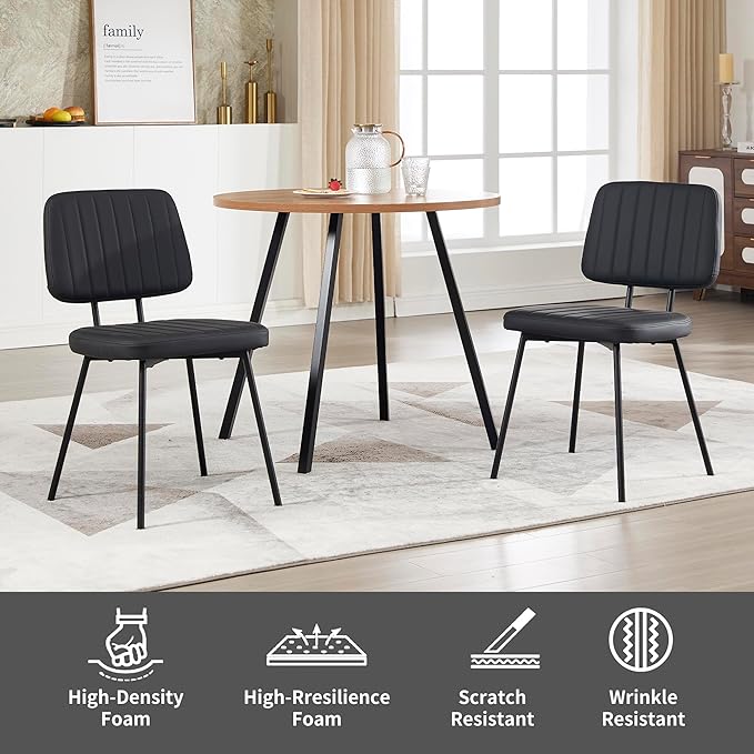 Dining Chairs Set of 2, Faux Leather Upholstered Dining Chairs, Mid Century Modern Kitchen Dining Room Accent Chairs with Curved Backrest and Steel Frame for Living Room, Vanity - Black