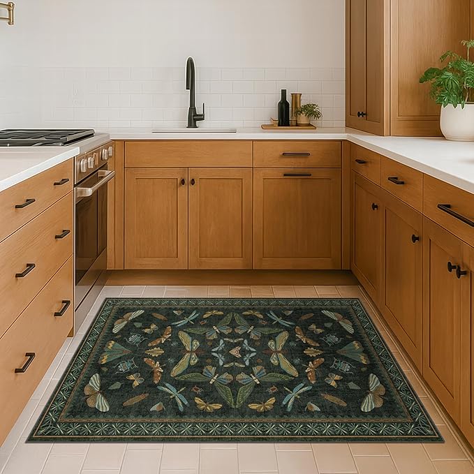 Green and Black Entryway Rug - 3x5 Throw Rug for Large Kitchen, Entry Way, Mudroom, Dark Unique Insect Print, Washable Low Pile Floor Carpet