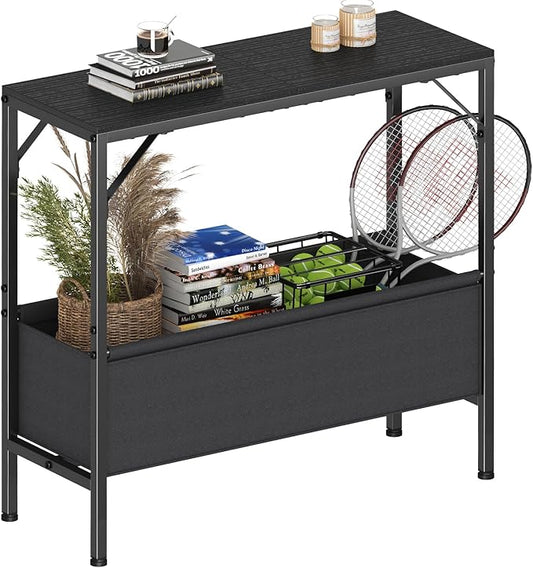 Small Console Table with Storage Basket, 31.5'' Couch Table Behind Sofa, Entryway Table, Sofa Table, Narrow ConsoleTable, Display Table for Hallway, Foyer, Living Room, Black