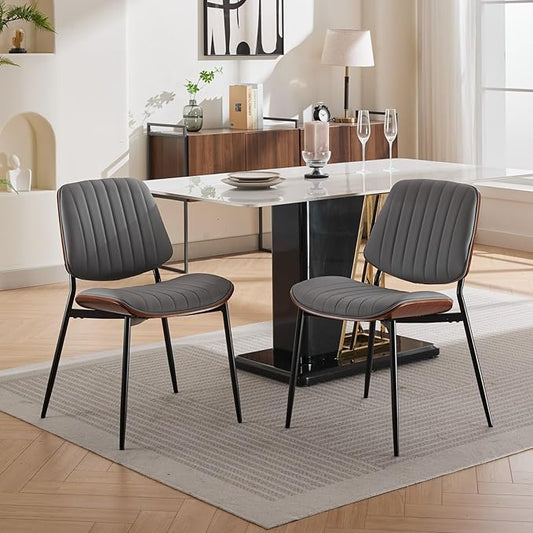 Dining Chairs Set of 2, Mid-Century Modern Upholstered PU Leather Chairs with Walnut Bentwood Back and Metal Legs Adjustable Feet for Kitchen Dining Living Room, Gray Vertical Stripes