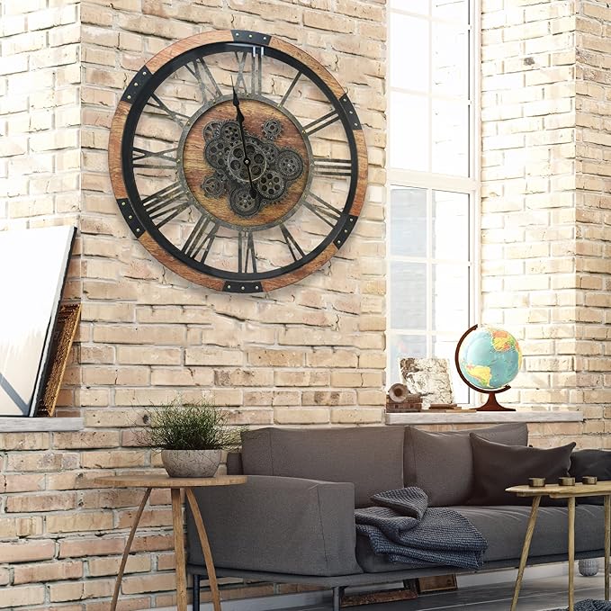 DORBOKER 24" Large Wall Clock with Moving Gears,Oversize Vintage Industrial Rustic Farmhouse Clocks for Living Room Decor Office Home,Solid Wood HD Tempered Glass Cover,Brown