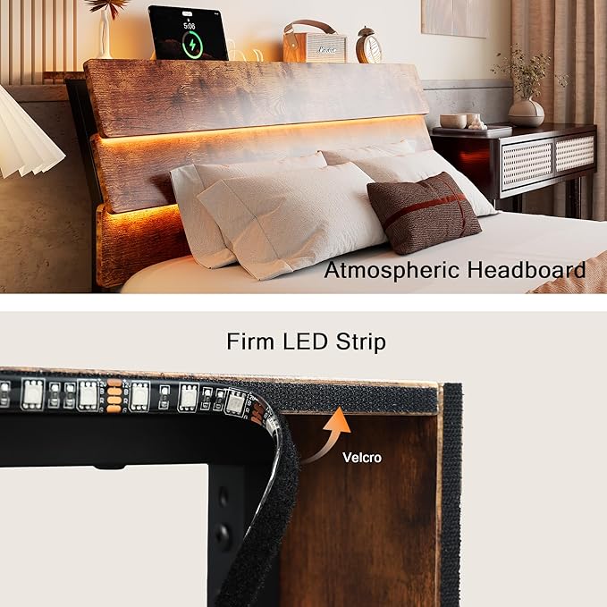 Floating Bed Frame Full Size with Led Headboard and Charging Station, Metal Platform Bed Base with Storage, Remote Control, Heavy Slats Support, No Box Spring Needed, Noise Free, Vintage Brown