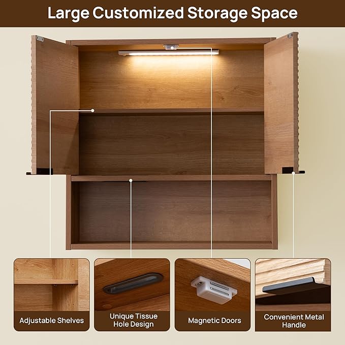 Bathroom Storage Cabinet with Motion Sensor LED Light, Wooden Medicine Cabinet Wall Mounted Cupboard with Disposable Face Towels Hole, Over Toilet Storage Cabinet and Adjustable Shelf (Oak)