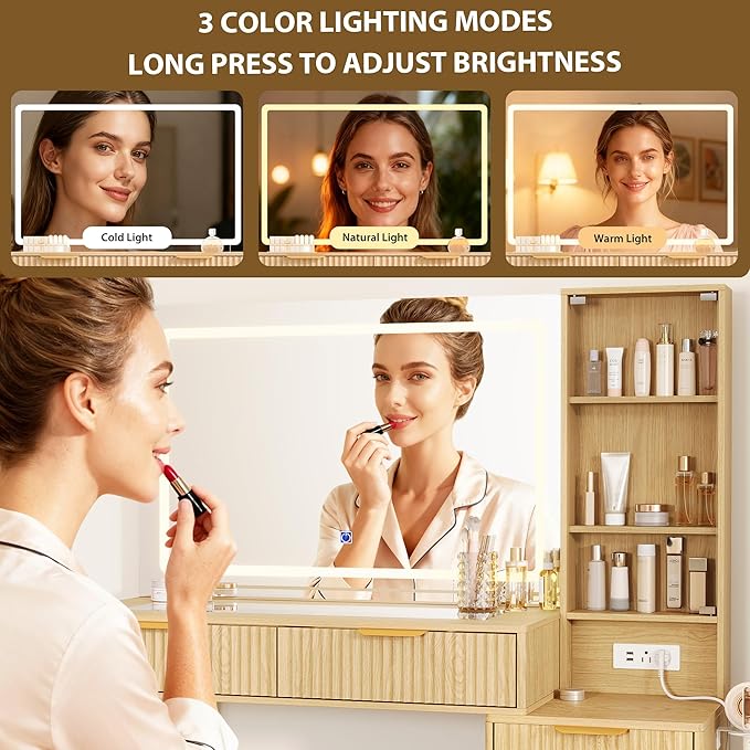 Makeup Vanity Desk with Mirror and Lights, 48" Fluted Makeup Table with Glass Top, Vanity Desk with 5 Drawers, Open Shelf & Power Outlet, Modern Dressing Table for Bedroom Living Room