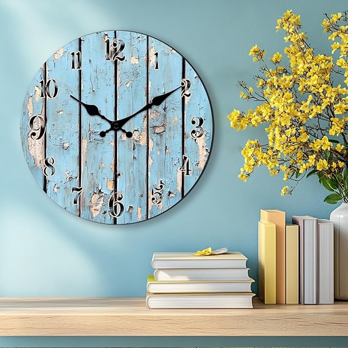 Retro Wall Clock for Living Room - 16 Inch Round Clocks Coast Wooden Wall-Clocks Battery - Operated Silent Wall-Clock for Farmhouse, Home Decor