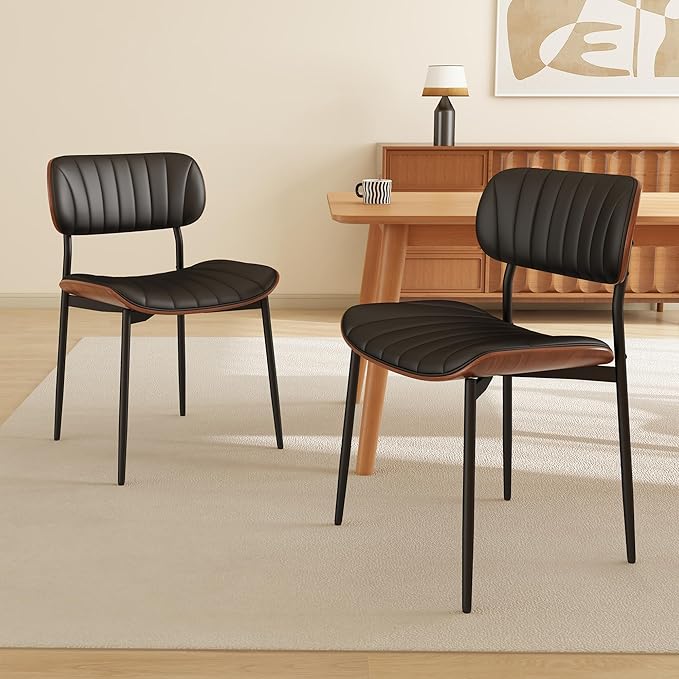 Modern PU Leather Dining Room Chairs Set of 6, Upholstered Kitchen Chairs with Walnut Bentwood Back and Metal Legs Adjustable Feet for Kitchen Dining Room(Balck)