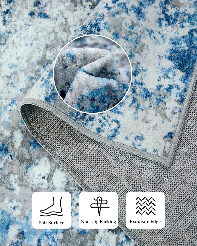 Washable Area Rug for Living Room: 5x7 Modern Abstract Neutral Soft Rug for Bedroom Dining Room No Slip Low Pile Carpet for Nursery Home Office - Grey/Blue