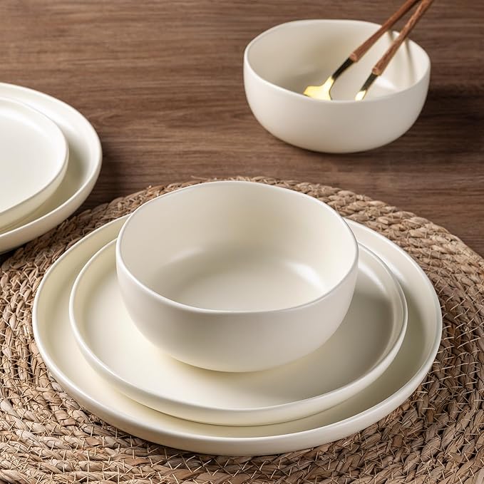 AmorArc Ceramic Dinnerware Sets, Wavy Rim StonewarePlates and Bowls Sets, Highly Chip and Crack Resistant | Dishwasher & Microwave & Oven Safe Dishes set, Service for 4 (12pc)