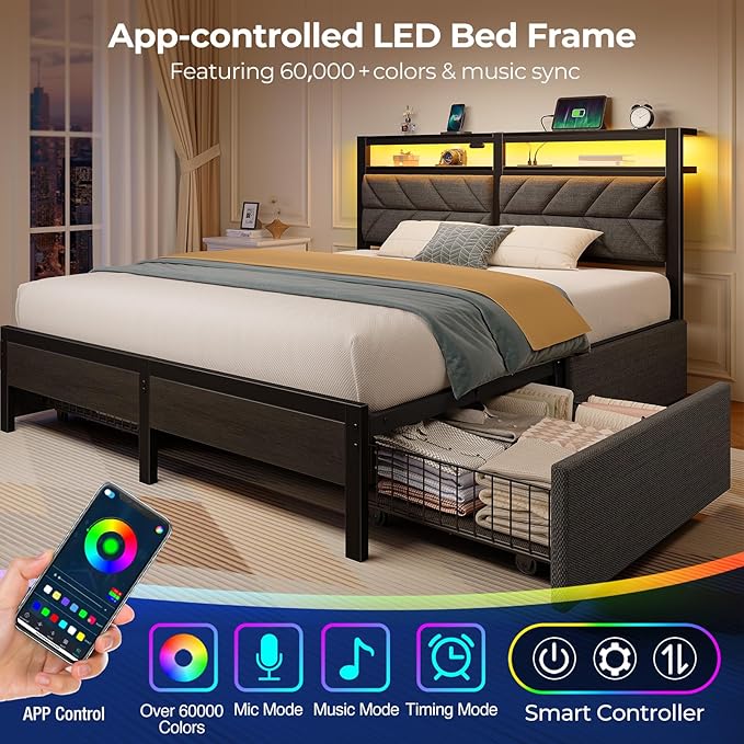 Seventable Queen Bed Frame with 4 Storage Drawers, Charging Station & LED Lights, Upholstered Headboard with 2-Tier Shelves, Metal Platform Bed, No Box Spring Needed, Noise-Free, Grey
