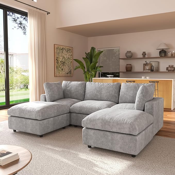 JACH U Shape Sectional Couches for Living Room, Convertible Modular Sofa with Ottomans, Cloud Sectional Couch, Sofa Covers Washable, Minimalist Couch for Living Room, Apartment, Light Grey