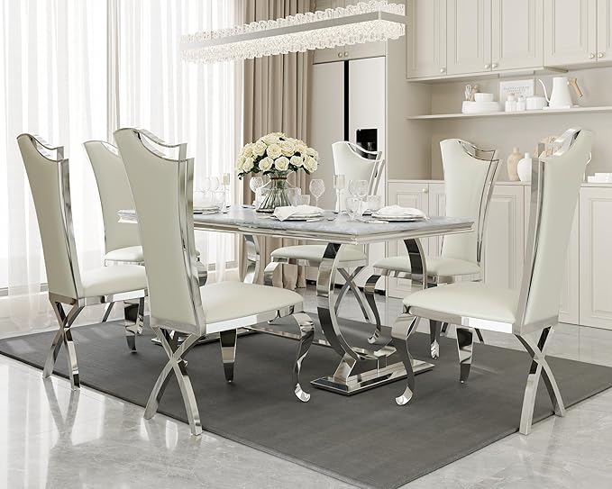 Asday 72 inch Modern Dining Room Table with Silver Stainless Steel Metal U-Base in Grey Silver